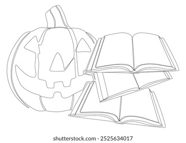 Uma linha contínua de Livro com Halloween Jack O' Lantern. Conceito de vetor de Ilustração de Linha Fina. Desenho de contorno Ideias criativas.