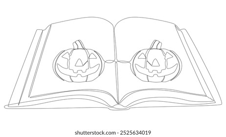 Uma linha contínua de Livro com Halloween Jack O' Lantern. Conceito de vetor de Ilustração de Linha Fina. Desenho de contorno Ideias criativas.