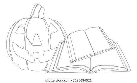 Uma linha contínua de Livro com Halloween Jack O' Lantern. Conceito de vetor de Ilustração de Linha Fina. Desenho de contorno Ideias criativas.