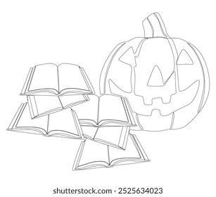 Uma linha contínua de Livro com Halloween Jack O' Lantern. Conceito de vetor de Ilustração de Linha Fina. Desenho de contorno Ideias criativas.