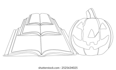 Uma linha contínua de Livro com Halloween Jack O' Lantern. Conceito de vetor de Ilustração de Linha Fina. Desenho de contorno Ideias criativas.