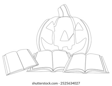 Uma linha contínua de Livro com Halloween Jack O' Lantern. Conceito de vetor de Ilustração de Linha Fina. Desenho de contorno Ideias criativas.