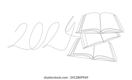 One continuous line of Book with the number 2024. Thin Line Illustration vector concept. Contour Drawing Creative ideas.