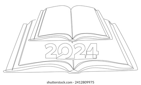 Una línea continua de Libro con el número 2024. Concepto vectorial de Ilustración de líneas delgadas. Contour Drawing Ideas Creativas.