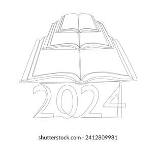 Una línea continua de Libro con el número 2024. Concepto vectorial de Ilustración de líneas delgadas. Contour Drawing Ideas Creativas.