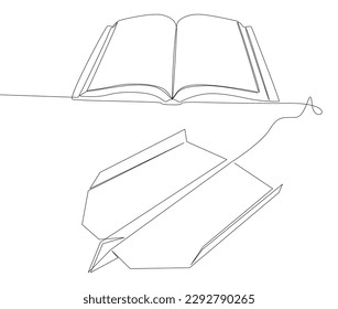 One continuous line of Book with Paper Airplane. Thin Line Illustration vector concept. Contour Drawing Creative ideas.