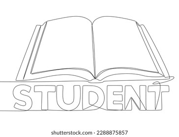 One continuous line of Book with Student word. Thin Line Illustration vector concept. Contour Drawing Creative ideas.