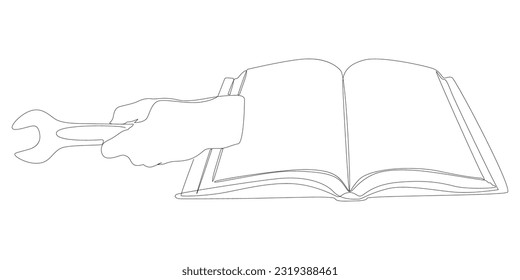 One continuous line of Book with Wrench. Thin Line Illustration Instruction Manual vector concept. Contour Drawing Creative ideas.