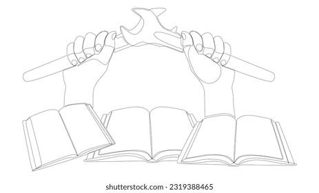 One continuous line of Book with Wrench. Thin Line Illustration Instruction Manual vector concept. Contour Drawing Creative ideas.