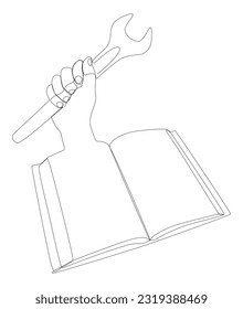 One continuous line of Book with Wrench. Thin Line Illustration Instruction Manual vector concept. Contour Drawing Creative ideas.