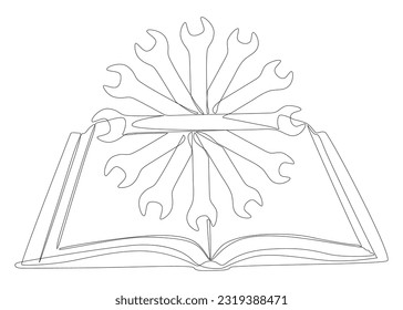 Una línea continua de libro con llave. Concepto vectorial del manual de instrucciones de iluminación de líneas delgadas. Contour Drawing Ideas Creativas.