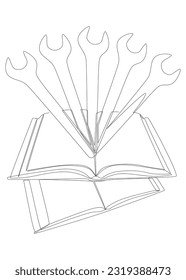 Una línea continua de libro con llave. Concepto vectorial del manual de instrucciones de iluminación de líneas delgadas. Contour Drawing Ideas Creativas.