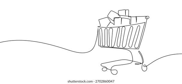 One continuous line of boxes in a supermarket cart single line art drawing vector illustration.