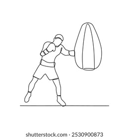Una línea continua de Ilustración vectorial de entrenamiento de boxeo. Ilustración del jugador de boxeo en concepto de estilo lineal continuo simple. Luchando ilustración de diseño deportivo para el propósito de presentación de la educación.