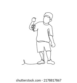 One continuous line of a boy happiness holding fruit. Vector illustration of minimalist style on a white background.