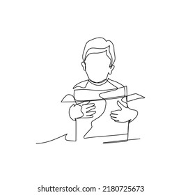 One continuous line of a boy holding box cardboard. Minimalist style vector illustration in white background.