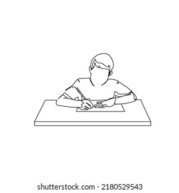 One continuous line of boy sitting while writing in a book. Minimalist style vector illustration in white background.