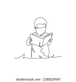 One continuous line of boy studying with reading a book. Minimalist style vector illustration in white background.