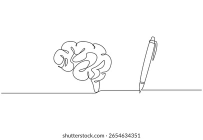 One continuous line of brain drawing pen. Creating new idea and mindset improvement, Brain drawing pen line art in Editable stroke. Doodle Vector illustration