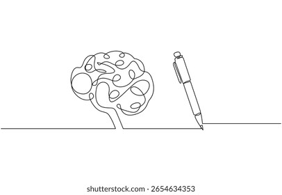 One continuous line of brain drawing pen. Creating new idea and mindset improvement, Brain drawing pen line art in Editable stroke. Doodle Vector illustration