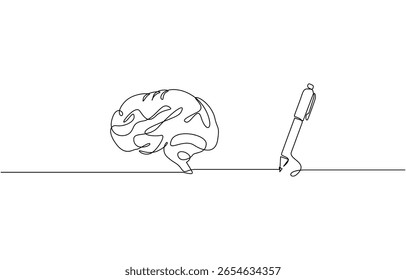 One continuous line of brain drawing pen. Creating new idea and mindset improvement, Brain drawing pen line art in Editable stroke. Doodle Vector illustration