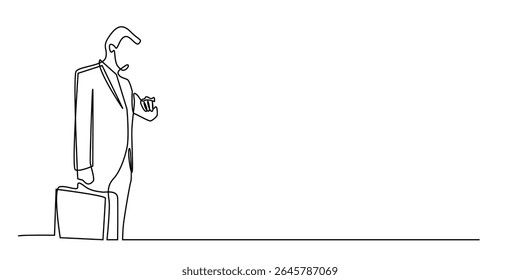um homem de negócios de linha contínua olhando para watch.single line arte pontualidade, tempo de reunião de negócios.isolado branco fundo
