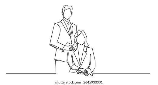 one continuous line business man and woman couple.single line vector portrait of man and woman in suit.business couple,husband and wife,company owner.