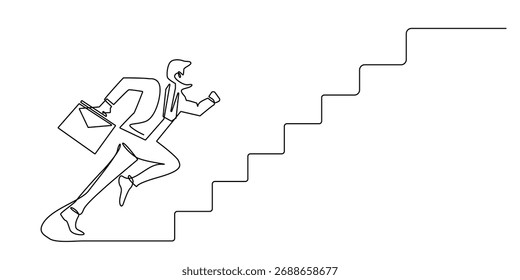 Una línea continua de hombre de negocios corriendo por las escaleras. Un dibujo de línea de desafío de trabajo, carrera, objetivo de trabajo, éxito. Ilustración vectorial de una sola línea