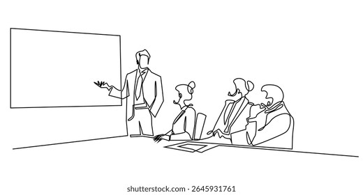 one continuous line business meeting.vector single line man presenting business project in front of work team.business partner,business cooperation.vector illustration eps 10