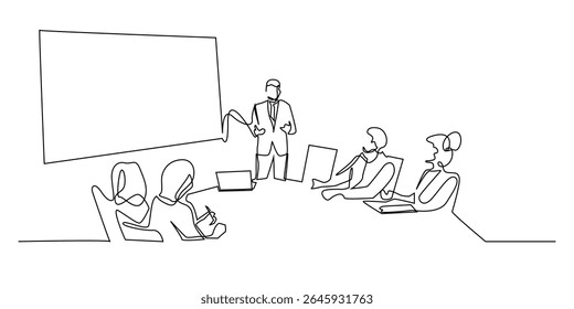 uma linha contínua de negócios meeting.vetor homem de linha única apresentando projeto de negócios na frente do trabalho team.business parceiro,business cooperation.vetor ilustração eps 10