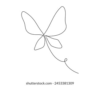 One continuous line butterfly vector illustration. Single line hand drawn sketch. Summer symbol in trendy doodle style