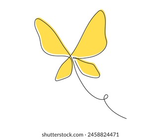 One continuous line butterfly vector color illustration. Single line hand drawn sketch. Summer symbol in trendy doodle style