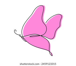 One continuous line butterfly vector pink illustration. Single line hand drawn sketch. Summer symbol in trendy style