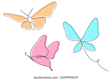 One continuous line butterfly vector pink illustrations set. Single line hand drawn sketch. Summer symbol in trendy style