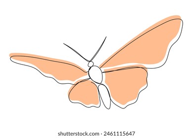 One continuous line butterfly vector beige illustration. Single line hand drawn sketch. Summer symbol in trendy style