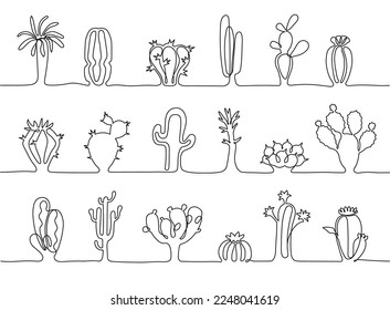 One continuous line cactus stripes. Hand drawn botanical plants, different types of mexican desert cactus vector illustration set. Wild nature with exotic prickly plants with blossom