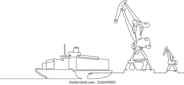 One continuous line. Cargo seaport. Pier with loading cranes. Unloading arrived cargoes. Port dock. Container ship unloading.One continuous line drawn isolated, white background.