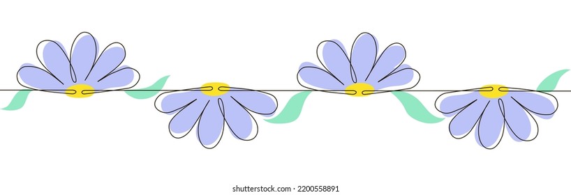 One continuous line Chamomile flower pattern. Chamomiles. Stock vector illustration, isolated on white background