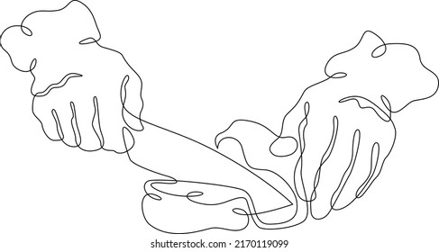 One continuous line.The chef cuts the meat. Meat dish.The hands of the cook. The cook cuts food with a knife.
One continuous line is drawn on a white background.