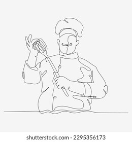 One continuous line of chef in mustache. Cute cooking character. Minimalist style vector illustration on white background.