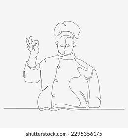 One continuous line of chef in mustache. Cute cooking character. Minimalist style vector illustration on white background.