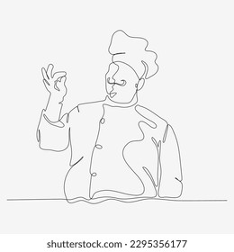 Eine durchgehende Linie des Küchenchefs in Schnurrbart. Küchencharakter. Minimalistische Vektorgrafik auf weißem Hintergrund.