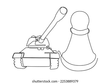 One continuous line of Chess Pawn with Armored Tank. Thin Line Illustration vector concept. Contour Drawing Creative ideas.