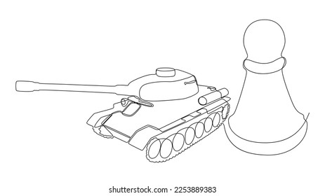 One continuous line of Chess Pawn with Armored Tank. Thin Line Illustration vector concept. Contour Drawing Creative ideas.