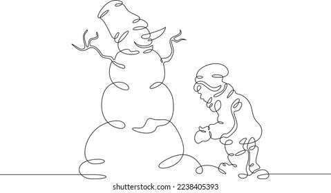 One continuous line. The child plays in the snow. The child makes a snowman. Snowman made of snow. One continuous line on a white background.