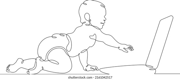 One continuous line. The child sits at the laptop. The little child crawls. Newborn at the computer. Baby with a laptop. One continuous line is drawn on a white background.