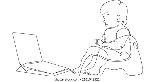 One continuous line. The child sits at the laptop. The little child crawls. Newborn at the computer. Baby with a laptop. One continuous line is drawn on a white background.