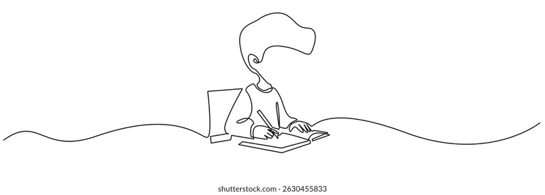 eine durchgehende Linie eines Kindes studierend.eine Linie Zeichnung eines Cartoon-Jungen studierend.concept von zurück zur Schule, Bildung