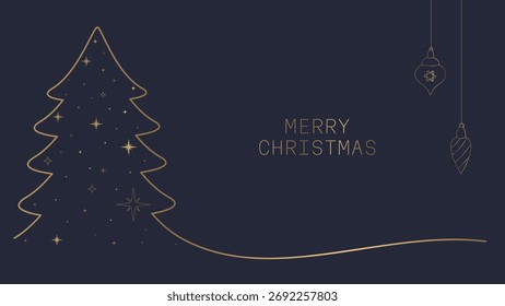 one continuous line christmas tree with golden stars and copy space