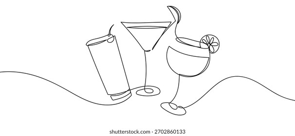 Uma linha contínua de coquetel e suco definir Estilo linear simples minimalista. Ilustração de contorno de vetor.
